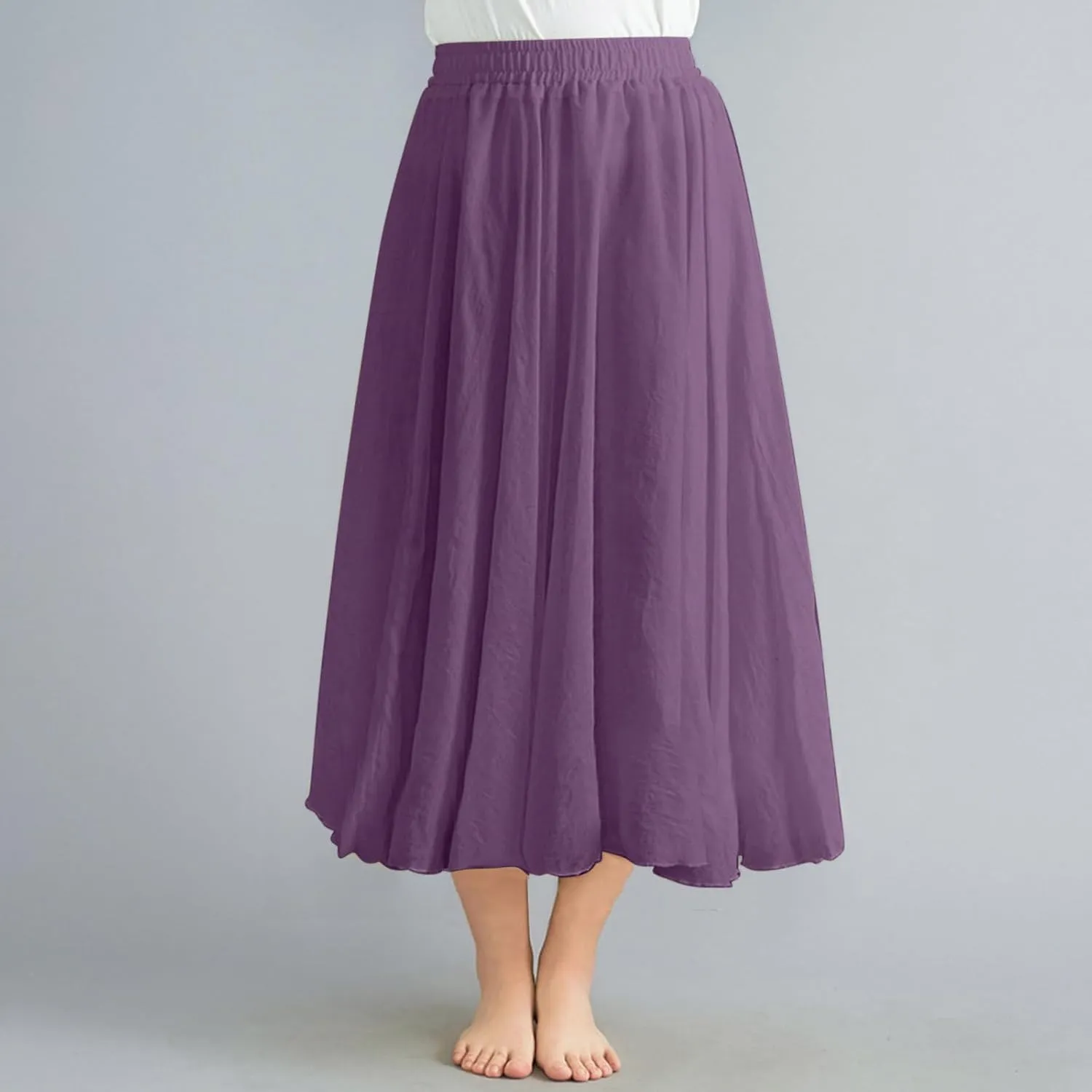 Women's Summer Beach Elastic High Waist A Line Long Skirts Trendy Casual Vacation Loose Solid Color Flowy Midi Skirt