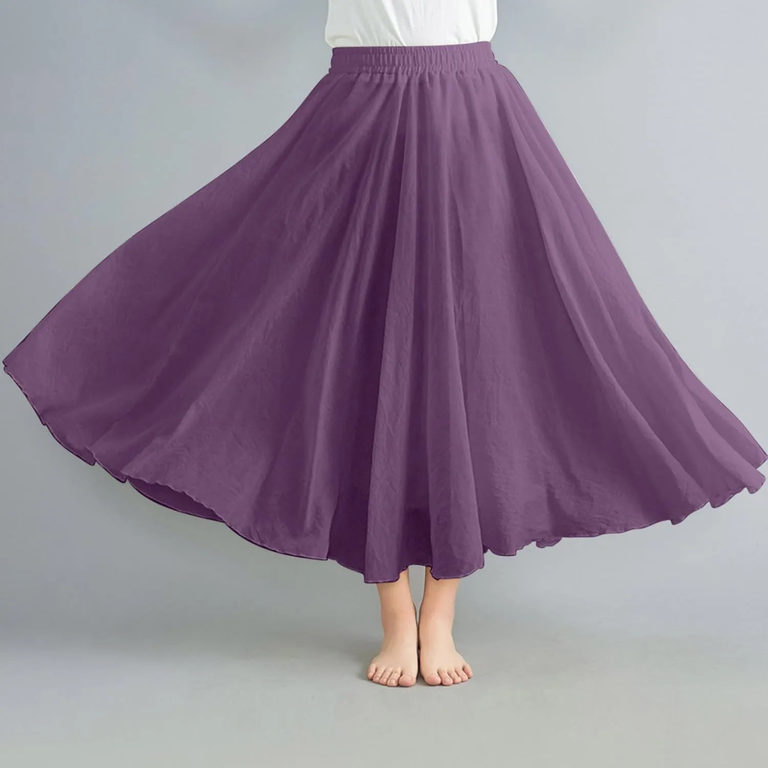 Women's Summer Beach Elastic High Waist A Line Long Skirts Trendy Casual Vacation Loose Solid Color Flowy Midi Skirt