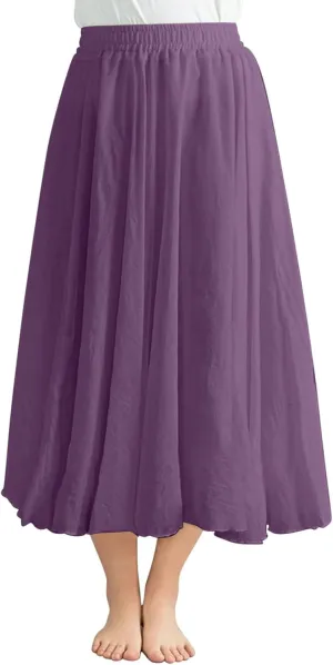 Women's Summer Beach Elastic High Waist A Line Long Skirts Trendy Casual Vacation Loose Solid Color Flowy Midi Skirt