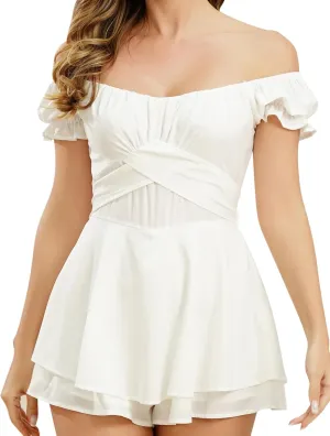 Womens Summer Boho Tube Top Dress Off-Shoulder Ruffled Flowy Mini Short Dresses Cute Sexy Casual Bodycon Dress
