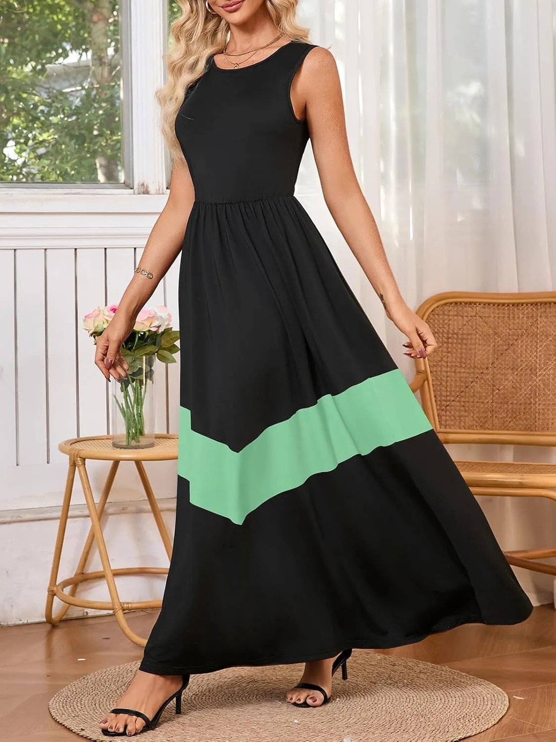 Women's Summer Colorblock Loose Tank Round Neck Dress Sleeveless Casual Holiday Flared Swing Beach Long Maxi Sundress