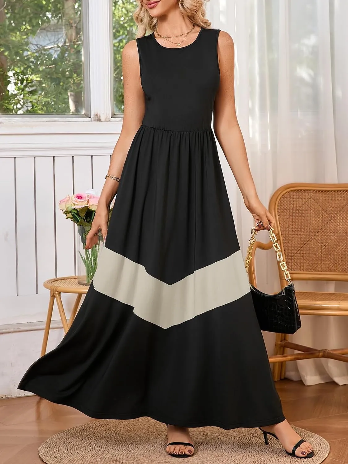 Women's Summer Colorblock Loose Tank Round Neck Dress Sleeveless Casual Holiday Flared Swing Beach Long Maxi Sundress