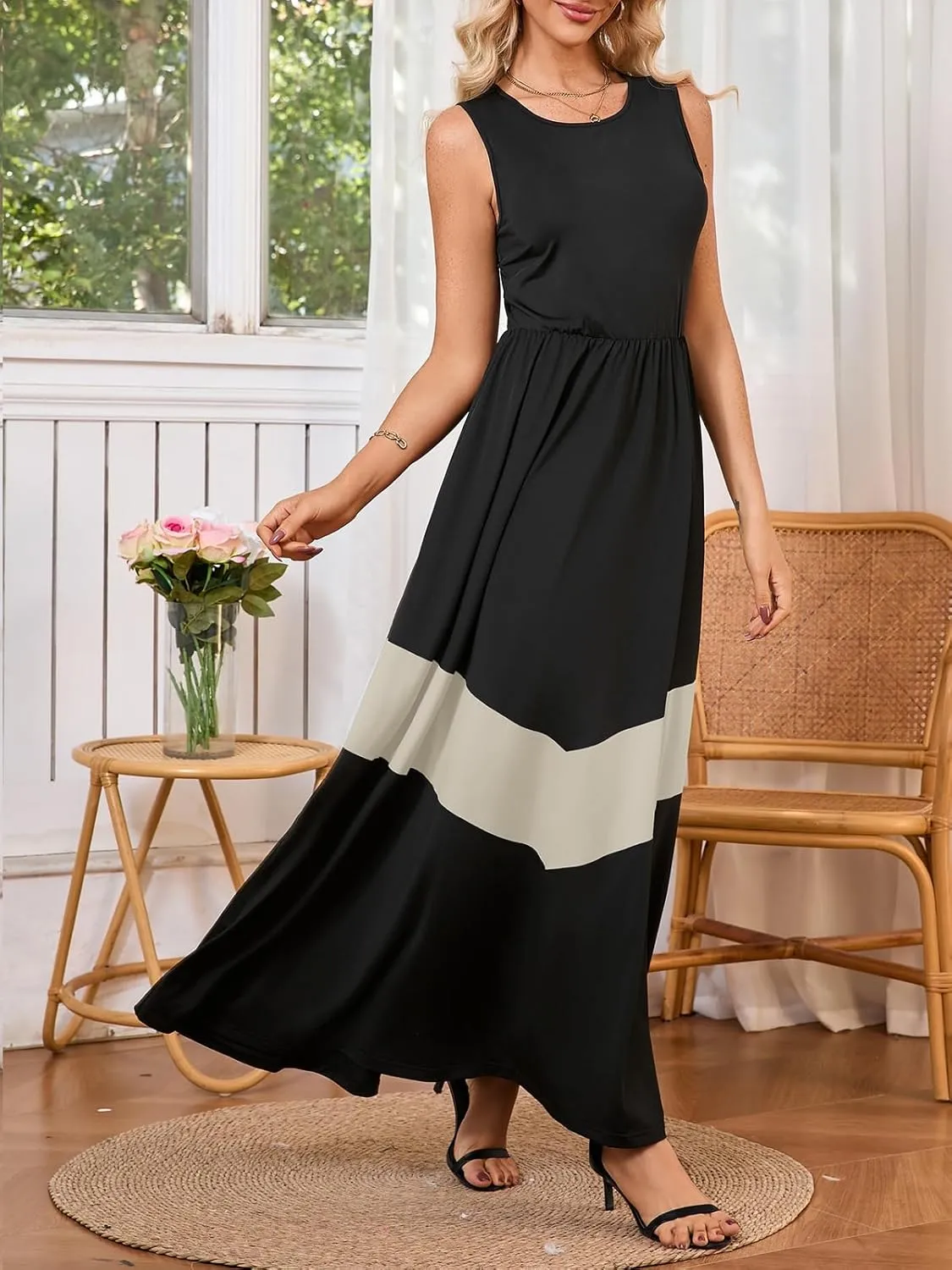 Women's Summer Colorblock Loose Tank Round Neck Dress Sleeveless Casual Holiday Flared Swing Beach Long Maxi Sundress
