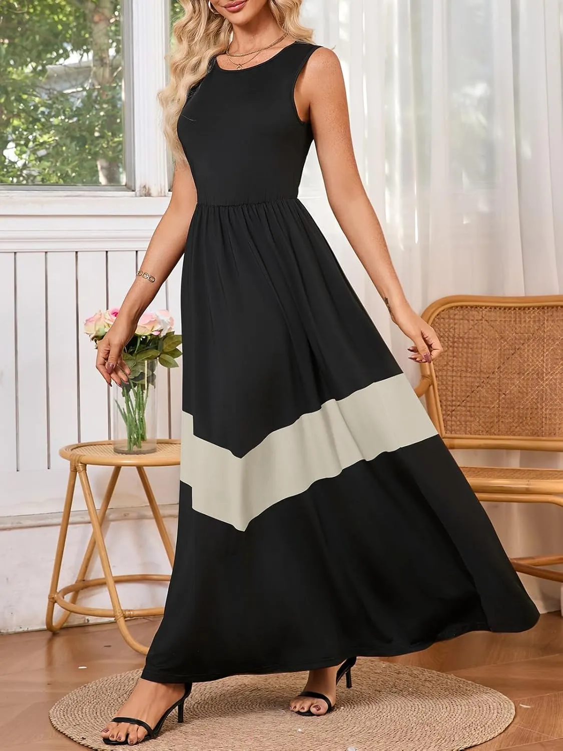 Women's Summer Colorblock Loose Tank Round Neck Dress Sleeveless Casual Holiday Flared Swing Beach Long Maxi Sundress