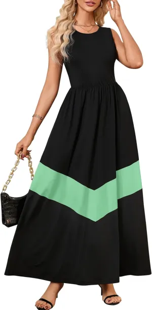 Women's Summer Colorblock Loose Tank Round Neck Dress Sleeveless Casual Holiday Flared Swing Beach Long Maxi Sundress