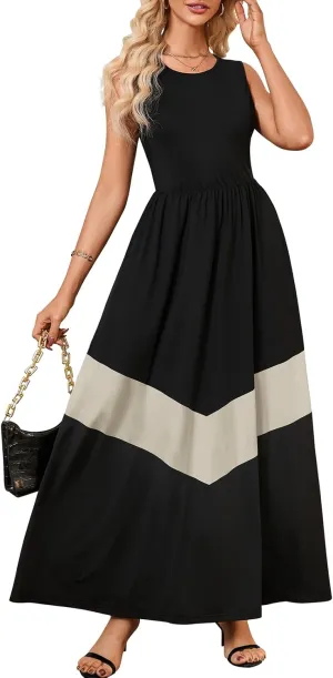 Women's Summer Colorblock Loose Tank Round Neck Dress Sleeveless Casual Holiday Flared Swing Beach Long Maxi Sundress