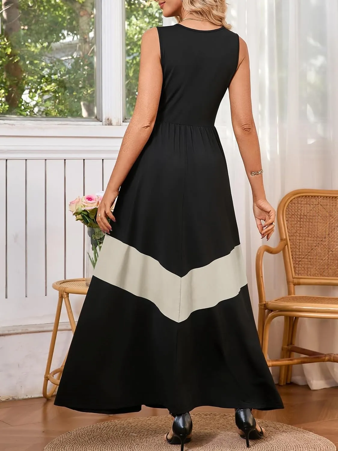 Women's Summer Colorblock Loose Tank Round Neck Dress Sleeveless Casual Holiday Flared Swing Beach Long Maxi Sundress