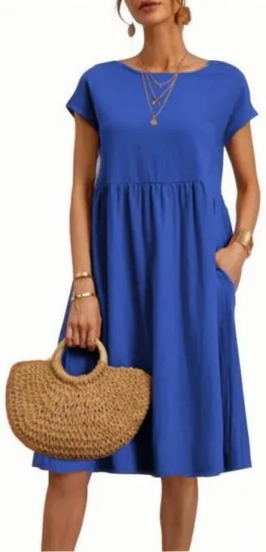 Women's Summer Cotton Linen Solid Dress Round Neck with Pockets Short Sleeve Maxi Dress A Line Loose Mid Length Pleated Skirt