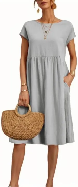 Women's Summer Cotton Linen Solid Dress Round Neck with Pockets Short Sleeve Maxi Dress A Line Loose Mid Length Pleated Skirt