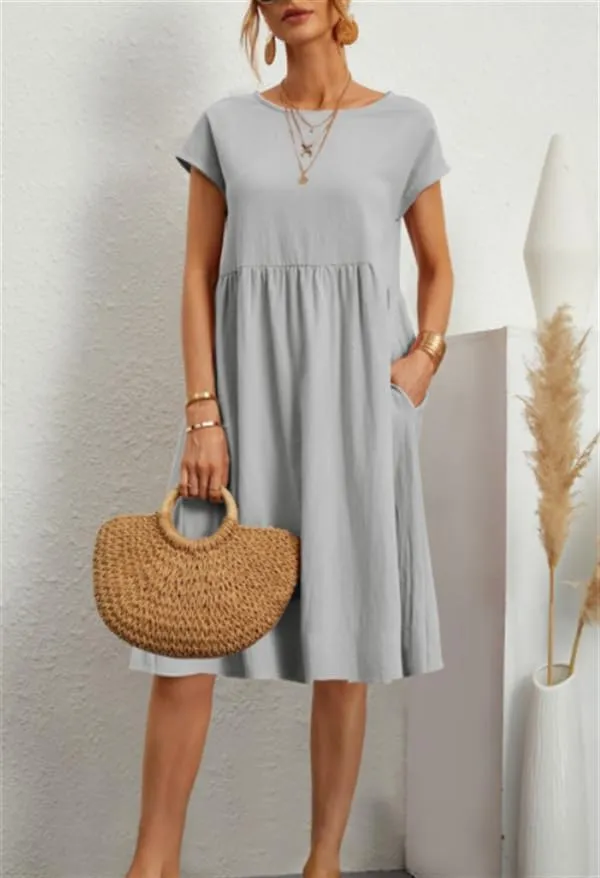 Women's Summer Cotton Linen Solid Dress Round Neck with Pockets Short Sleeve Maxi Dress A Line Loose Mid Length Pleated Skirt