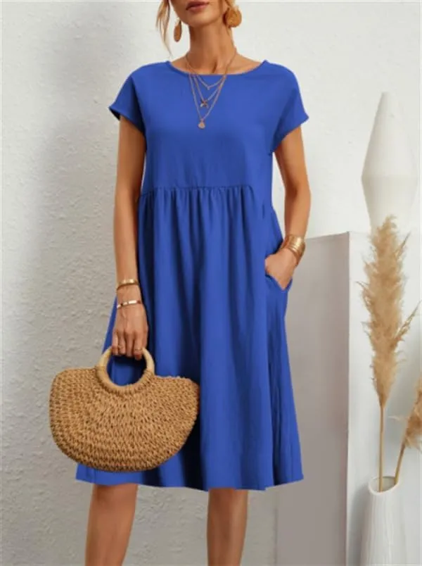 Women's Summer Cotton Linen Solid Dress Round Neck with Pockets Short Sleeve Maxi Dress A Line Loose Mid Length Pleated Skirt