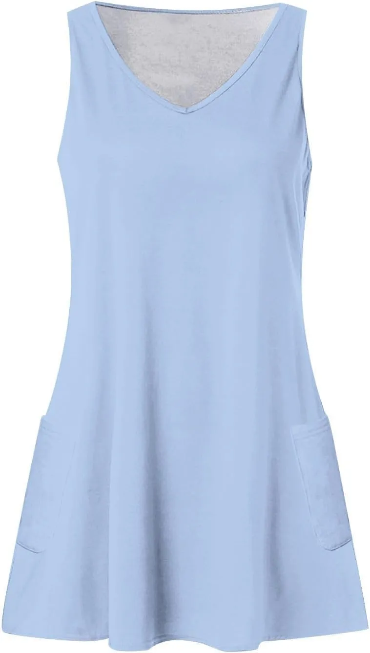 Womens Summer Dresses 2025 Loose V Neck Sleeveless Sundresses Swimsuit Coverup with Pockets Floral/Plain/Eyelet