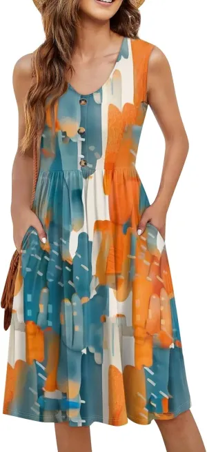 Womens Summer Dresses 2025 Sleeveless Trendy Boho Tank Dress Midi Floral Beach Vacation Sundresses with Pockets