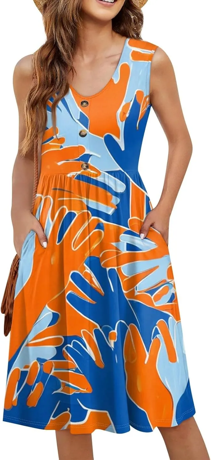 Womens Summer Dresses 2025 Sleeveless Trendy Boho Tank Dress Midi Floral Beach Vacation Sundresses with Pockets