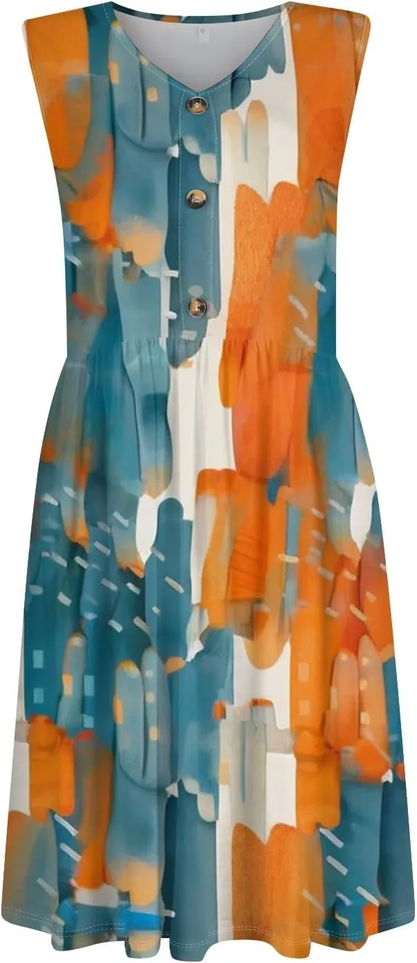 Womens Summer Dresses 2025 Sleeveless Trendy Boho Tank Dress Midi Floral Beach Vacation Sundresses with Pockets
