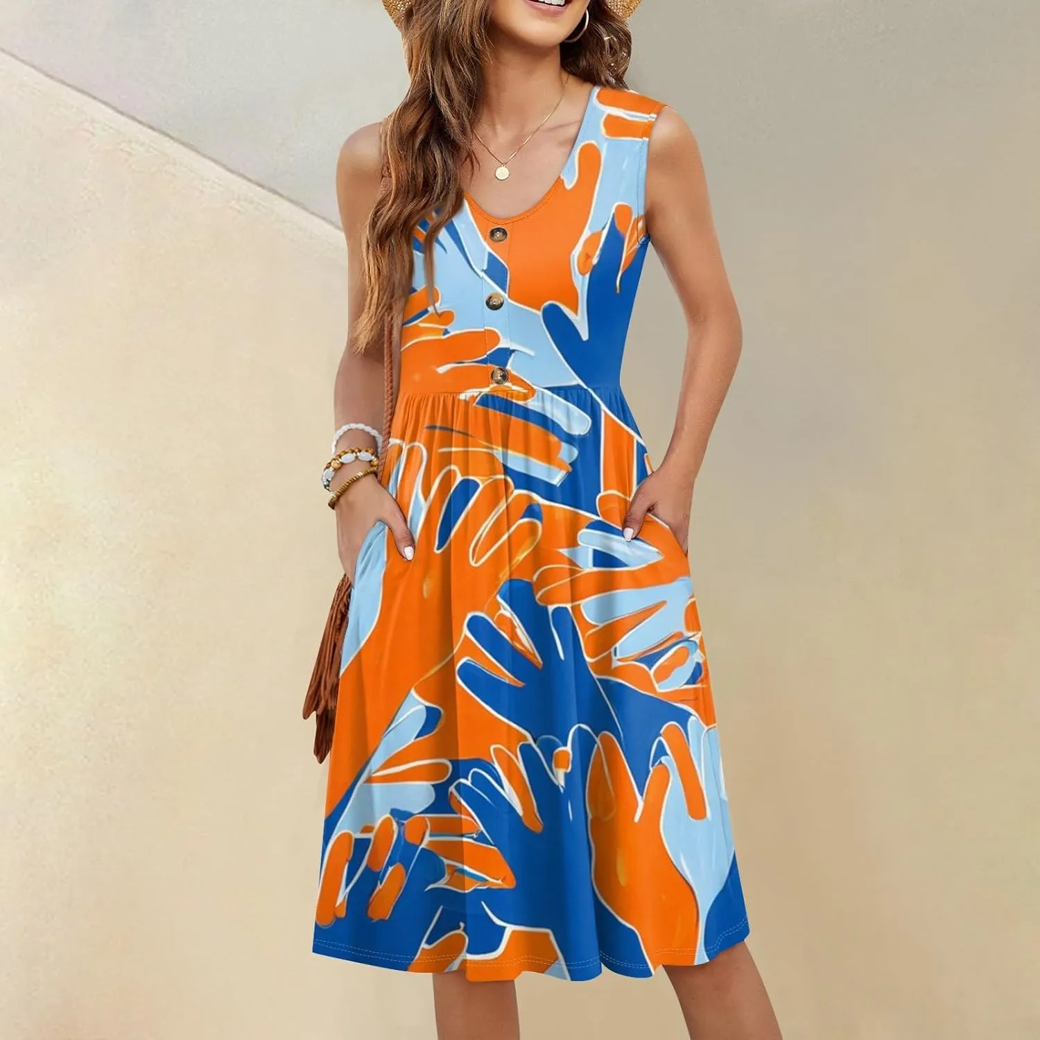 Womens Summer Dresses 2025 Sleeveless Trendy Boho Tank Dress Midi Floral Beach Vacation Sundresses with Pockets