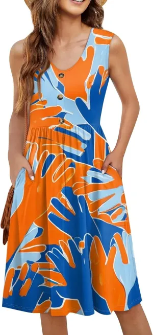 Womens Summer Dresses 2025 Sleeveless Trendy Boho Tank Dress Midi Floral Beach Vacation Sundresses with Pockets