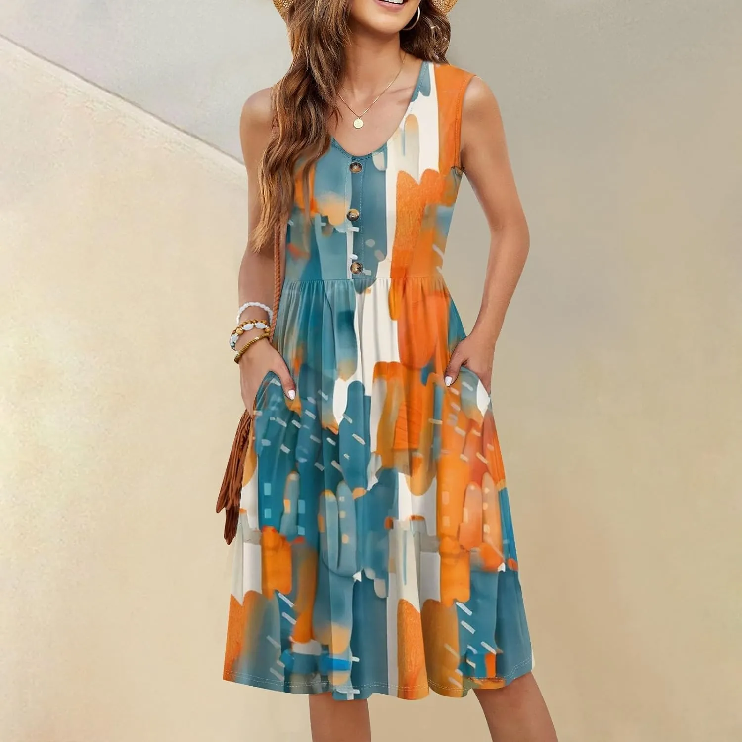 Womens Summer Dresses 2025 Sleeveless Trendy Boho Tank Dress Midi Floral Beach Vacation Sundresses with Pockets