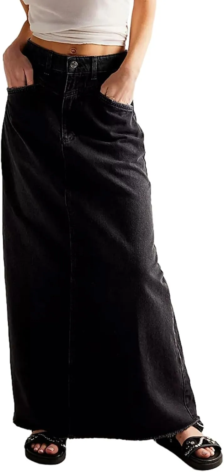 Women's Summer Skirts 2025 Casual Loose Trendy Elastic Waist Solid Color Sun Beach Long Maxi Denim Skirt, S-XL