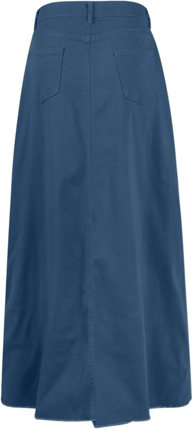 Women's Summer Skirts 2025 Casual Loose Trendy Elastic Waist Solid Color Sun Beach Long Maxi Denim Skirt, S-XL