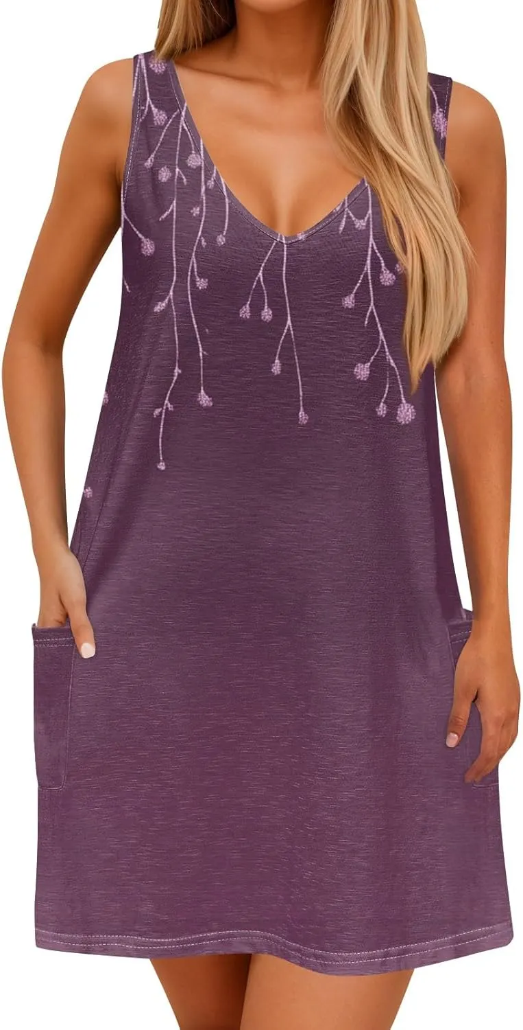 Women's Summer Sleeveless V-Neck Floral Print Casual Loose Beach Dress Lightweight and Breathable Summer