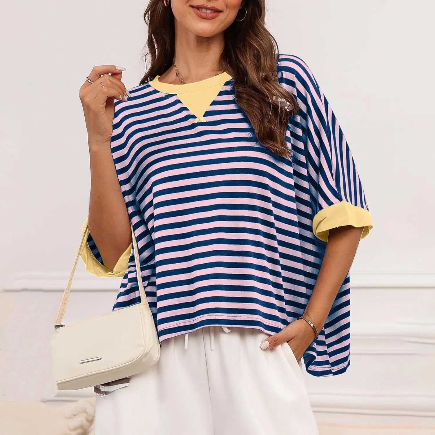 Womens Summer Tops Dressy Casual Striped Short Sleeve Pullover Crewneck Color Block Loose Fit Daily T Shirts