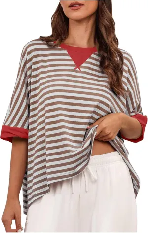 Womens Summer Tops Dressy Casual Striped Short Sleeve Pullover Crewneck Color Block Loose Fit Daily T Shirts