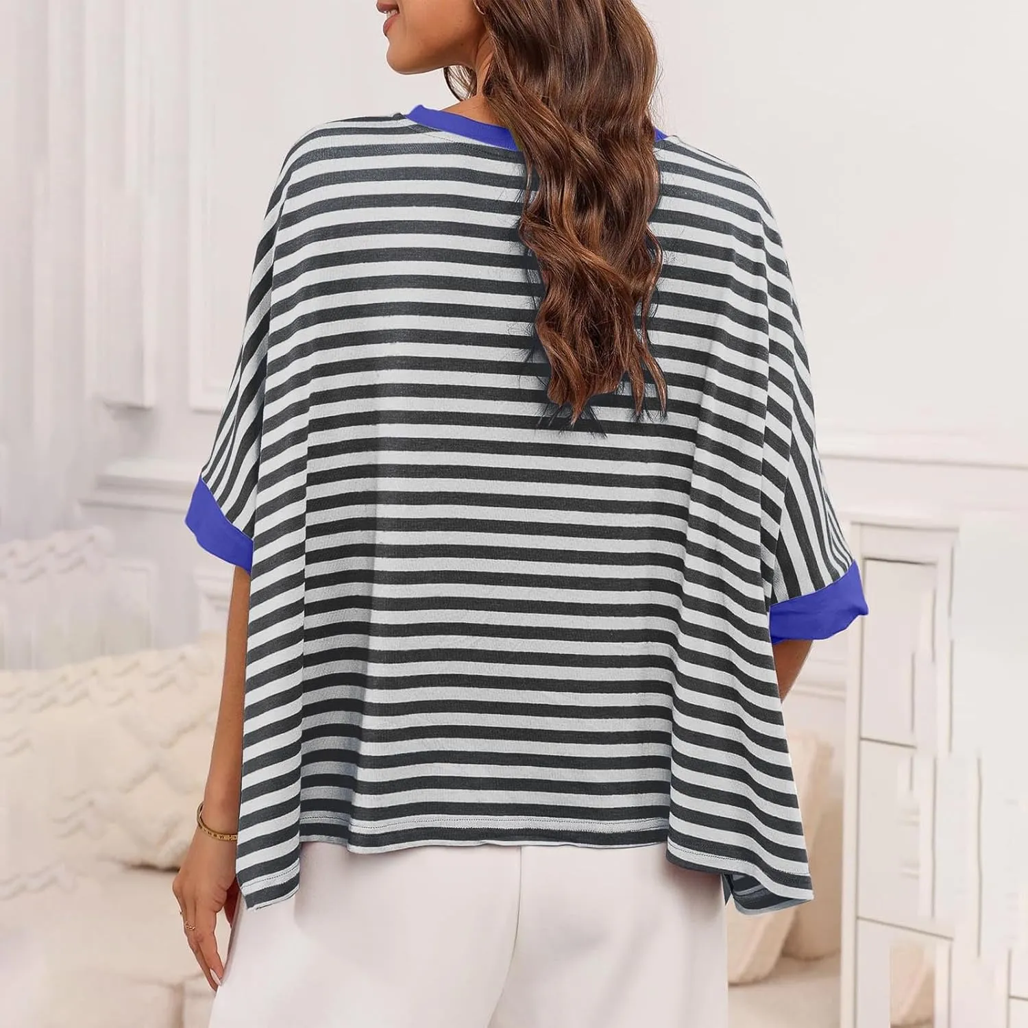 Womens Summer Tops Dressy Casual Striped Short Sleeve Pullover Crewneck Color Block Loose Fit Daily T Shirts