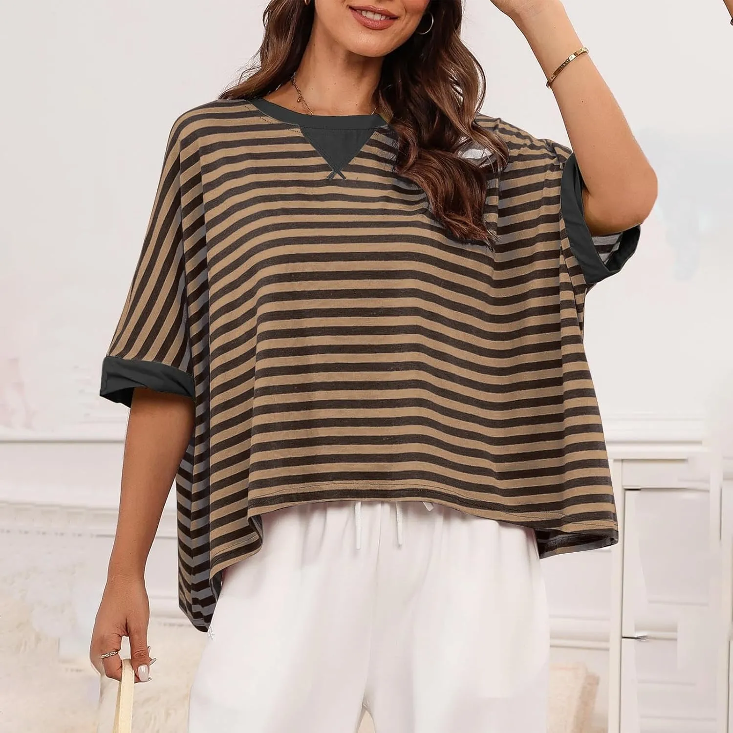 Womens Summer Tops Dressy Casual Striped Short Sleeve Pullover Crewneck Color Block Loose Fit Daily T Shirts