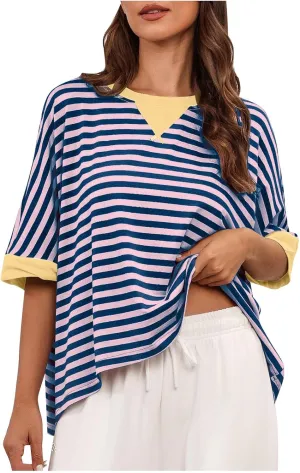Womens Summer Tops Dressy Casual Striped Short Sleeve Pullover Crewneck Color Block Loose Fit Daily T Shirts