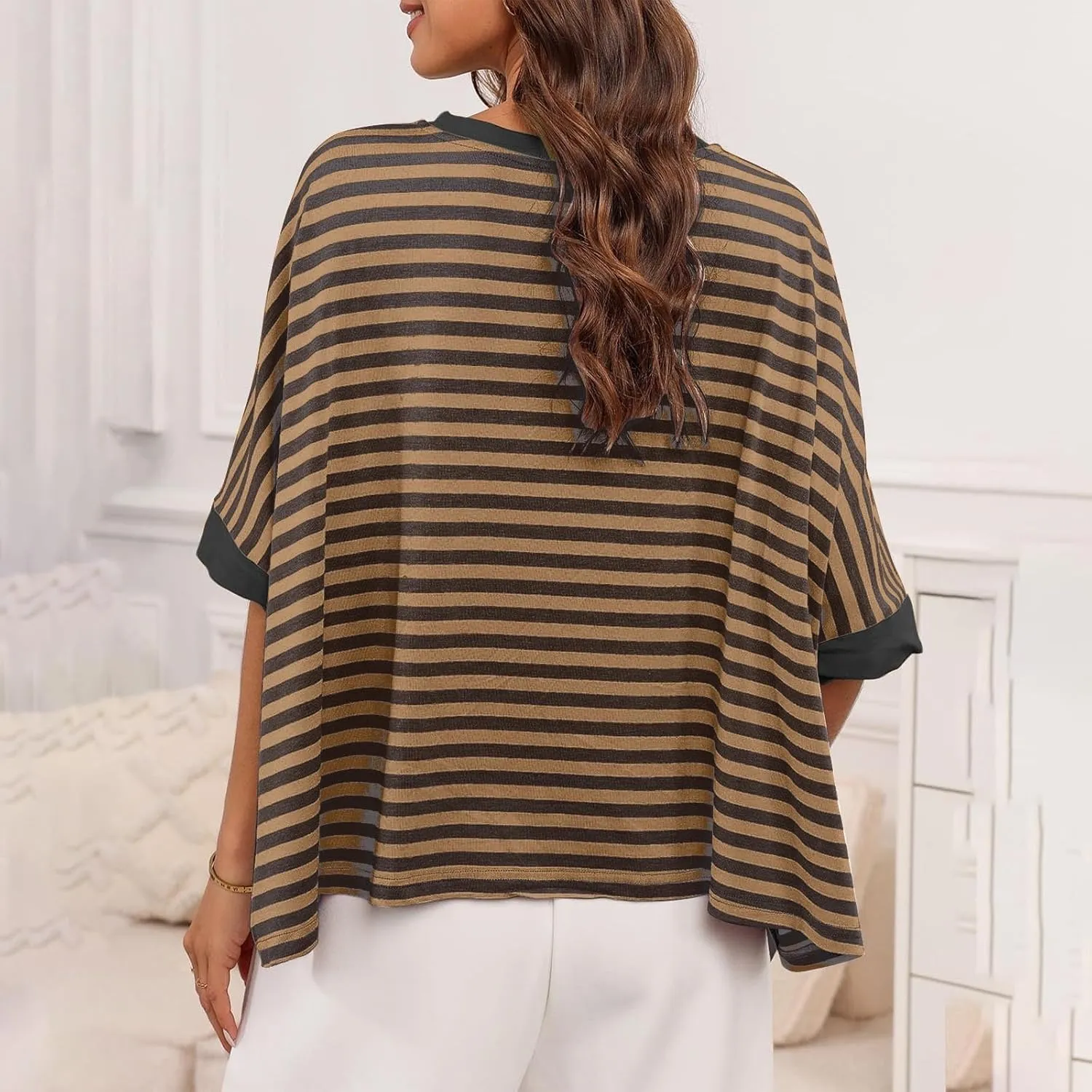 Womens Summer Tops Dressy Casual Striped Short Sleeve Pullover Crewneck Color Block Loose Fit Daily T Shirts