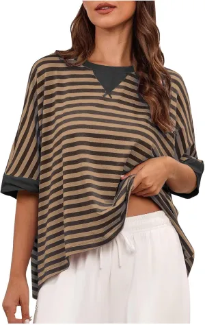 Womens Summer Tops Dressy Casual Striped Short Sleeve Pullover Crewneck Color Block Loose Fit Daily T Shirts
