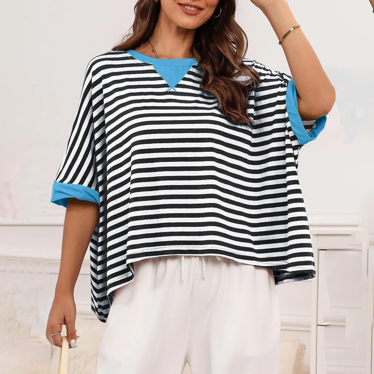 Womens Summer Tops Dressy Casual Striped Short Sleeve Pullover Crewneck Color Block Loose Fit Daily T Shirts