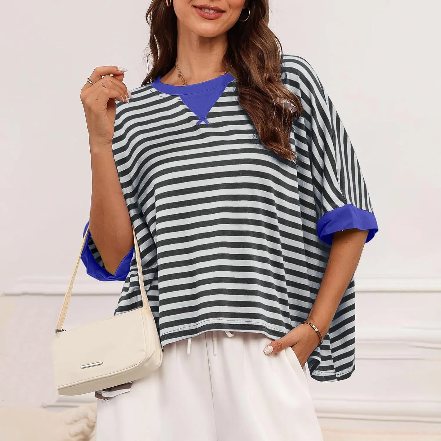 Womens Summer Tops Dressy Casual Striped Short Sleeve Pullover Crewneck Color Block Loose Fit Daily T Shirts