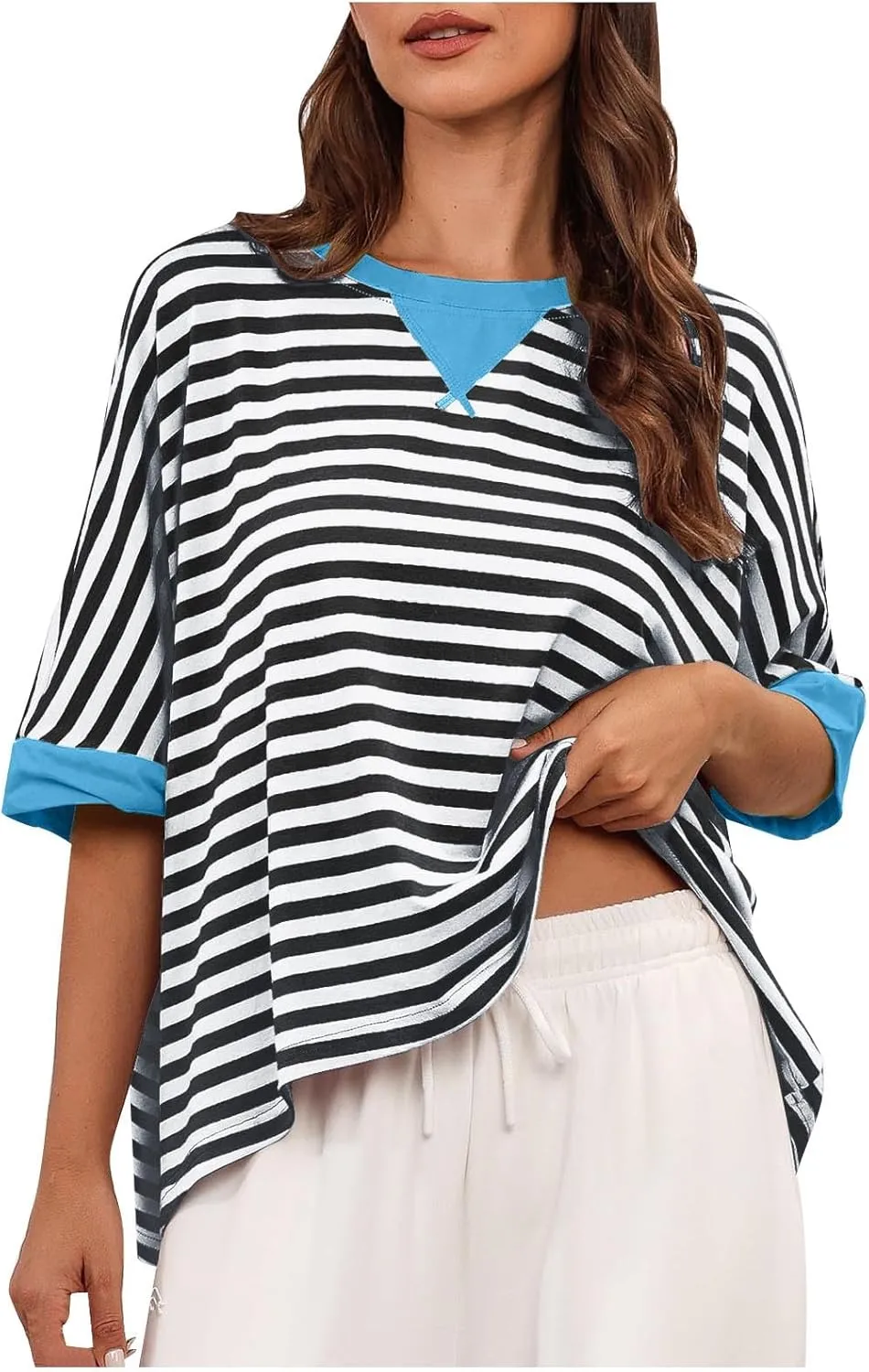 Womens Summer Tops Dressy Casual Striped Short Sleeve Pullover Crewneck Color Block Loose Fit Daily T Shirts