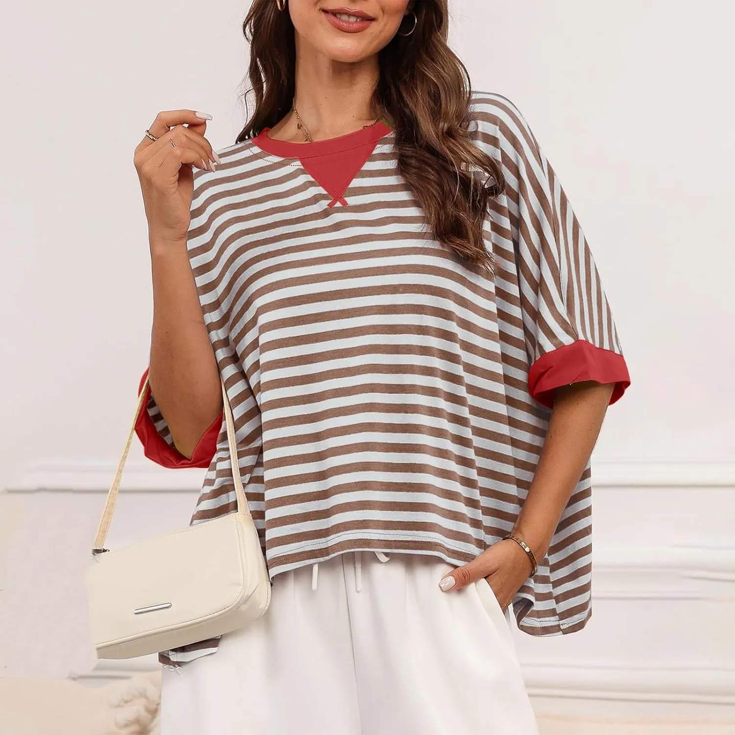 Womens Summer Tops Dressy Casual Striped Short Sleeve Pullover Crewneck Color Block Loose Fit Daily T Shirts