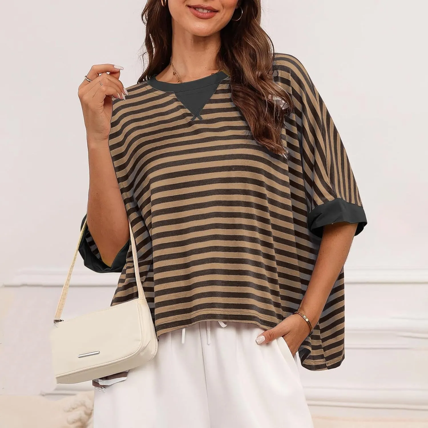Womens Summer Tops Dressy Casual Striped Short Sleeve Pullover Crewneck Color Block Loose Fit Daily T Shirts