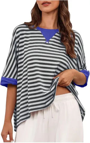 Womens Summer Tops Dressy Casual Striped Short Sleeve Pullover Crewneck Color Block Loose Fit Daily T Shirts