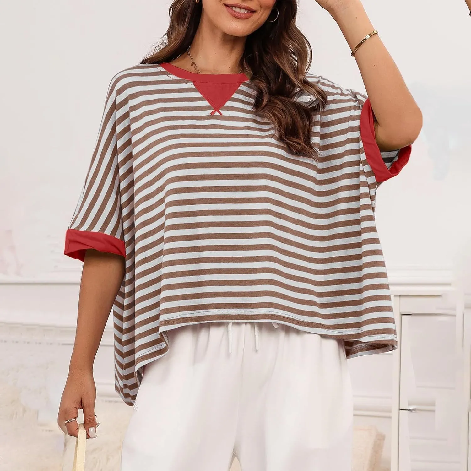 Womens Summer Tops Dressy Casual Striped Short Sleeve Pullover Crewneck Color Block Loose Fit Daily T Shirts