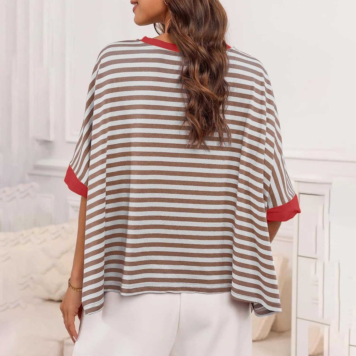 Womens Summer Tops Dressy Casual Striped Short Sleeve Pullover Crewneck Color Block Loose Fit Daily T Shirts