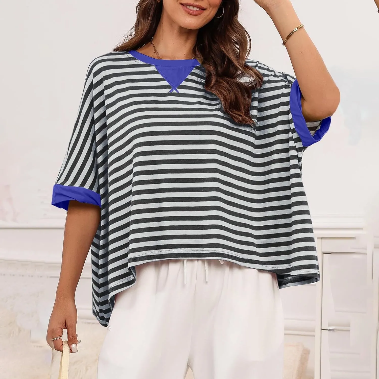 Womens Summer Tops Dressy Casual Striped Short Sleeve Pullover Crewneck Color Block Loose Fit Daily T Shirts