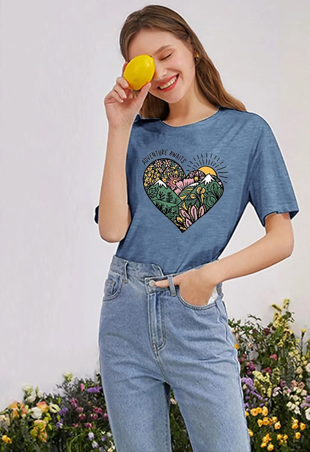 Womens T Shirts Adventure Awaits Mountain Sunrise Flower Heart Printed Shirt Boho Floral Wildflowers Graphic Funny Tee Tops