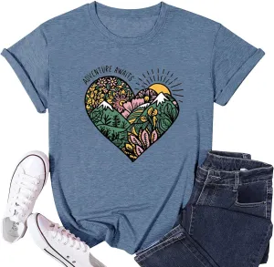 Womens T Shirts Adventure Awaits Mountain Sunrise Flower Heart Printed Shirt Boho Floral Wildflowers Graphic Funny Tee Tops