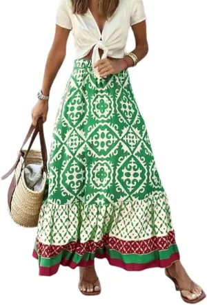 Women's Tiered Paisley Print Bohemian Long Skirts Summer Beach Pleated A Line Elastic High Waist Maxi Skirts for Women