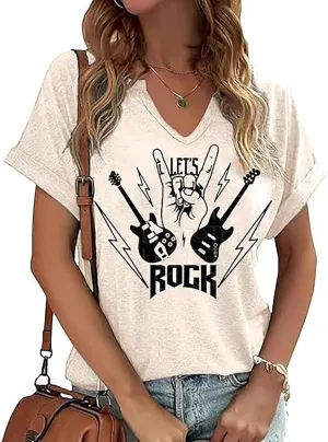 Womens Vintage Rock Music Shirts Sexy V Neck Tee Tops for Women Summer Casual Loose Fit Short Sleeve T Shirts