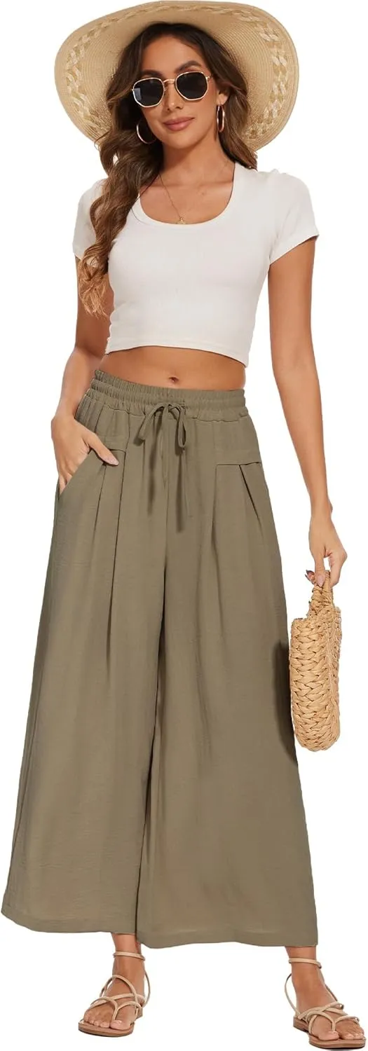 Women's Wide Leg Palazzo Pants Flowy Summer Beach Pants Drawstring Elastic High Waist Trousers with Pockets