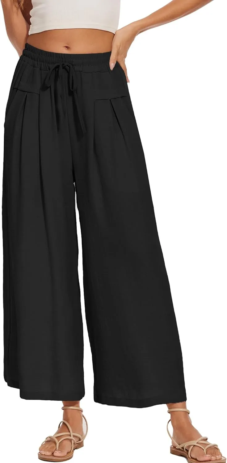 Women's Wide Leg Palazzo Pants Flowy Summer Beach Pants Drawstring Elastic High Waist Trousers with Pockets