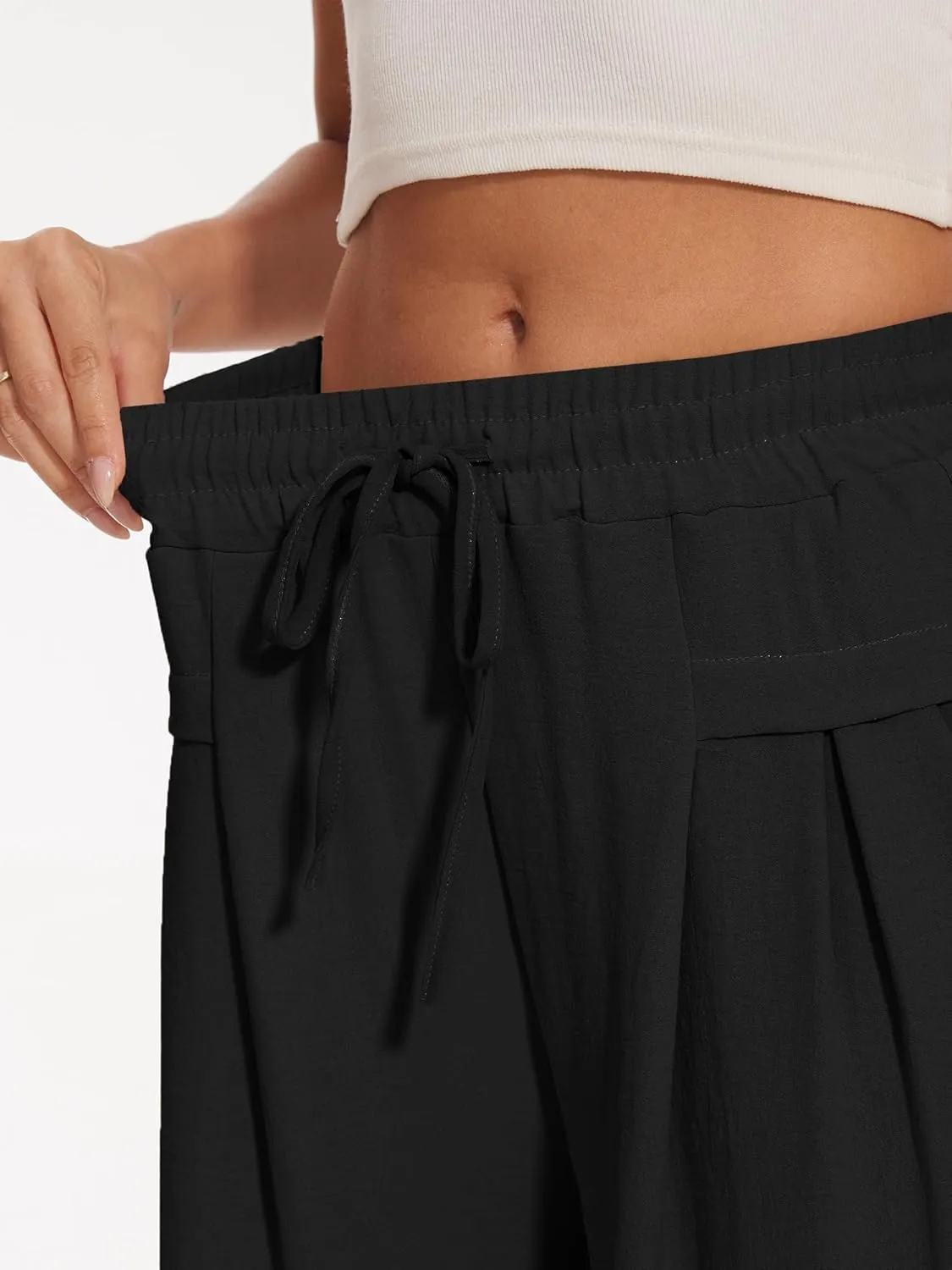 Women's Wide Leg Palazzo Pants Flowy Summer Beach Pants Drawstring Elastic High Waist Trousers with Pockets