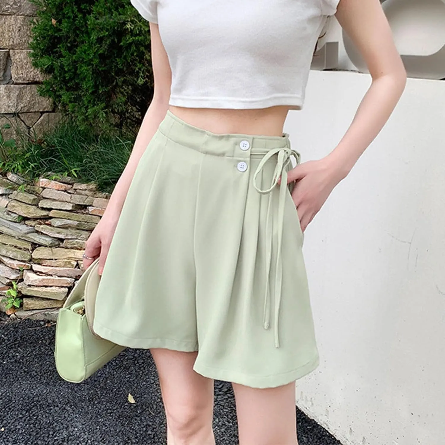 Womens Workout Shorts Dressy Casual High Waisted Wide Leg Loose Short Pants Side Drawstring Beach Shorts with Pockets