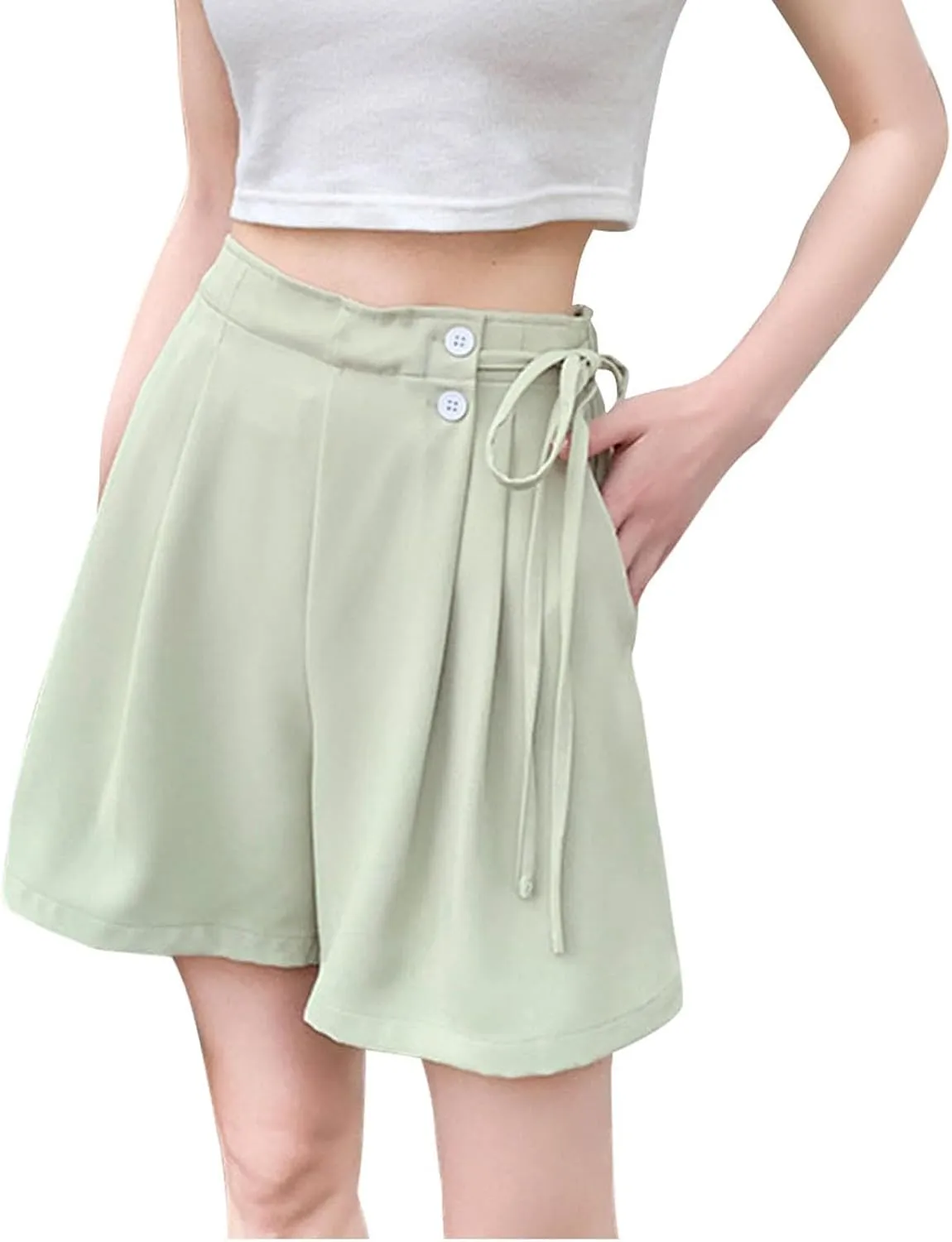 Womens Workout Shorts Dressy Casual High Waisted Wide Leg Loose Short Pants Side Drawstring Beach Shorts with Pockets